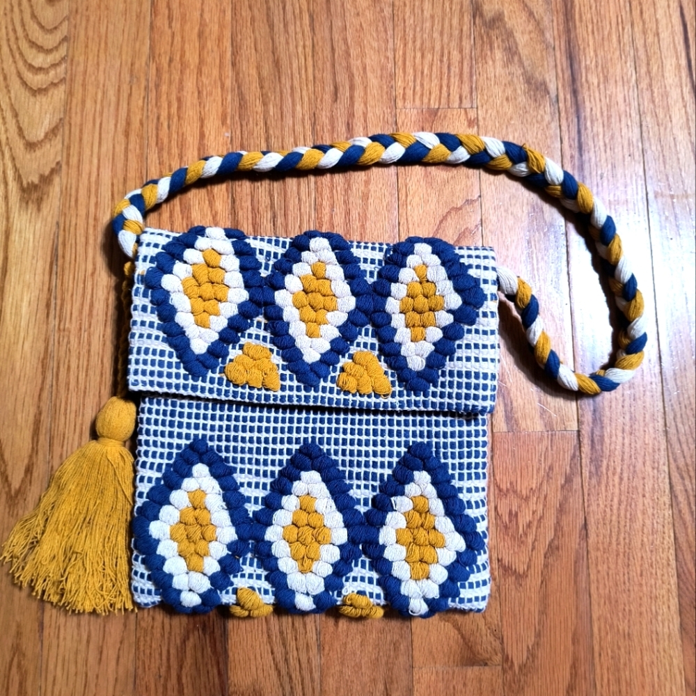 Pick 3/$10⭐ Bay Sky Bohemian tasseled woven blue and yellow shoulder purse